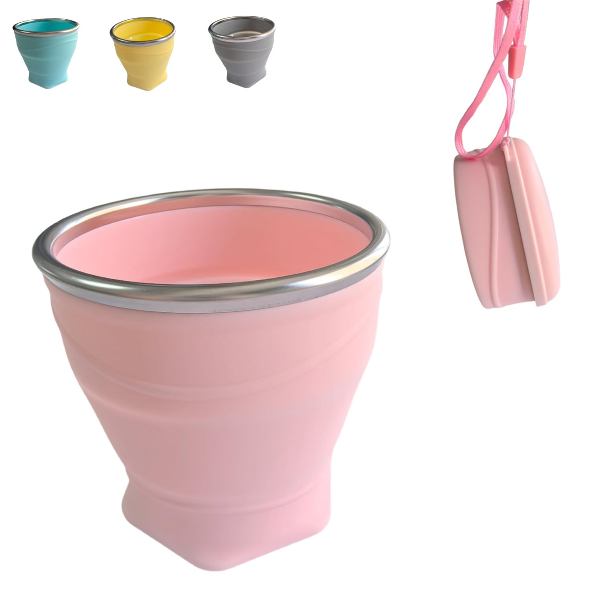 Collapsible Cup, 8.8oz 260ml Foldable Travel Mini Coffee Mug, BPA Free Silicone Water Cup and Lid with Stainless Steel Rim, Portable Pocket Cup for Outdoor, Hiking, Camping & Kids (Gray)