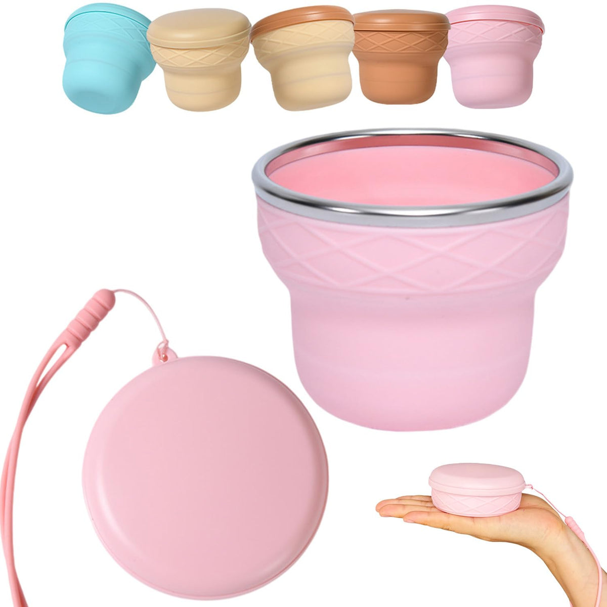 Collapsible Travel Cup 7oz Silicone Foldable Water Cup, Cute Ice Cream Cone Shape, Macaron Colors, BPA-Free with Lid - Portable Drinking Cup for Camping, Hiking & Outdoor Travel (Blue)