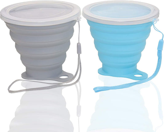 Nanaborn Silicone Collapsible Cups for Camping Travel, Small Portable Drinking Cup with Lids Reusable for Outdoor Hiking 270ml (Blue/Gray, 2 Pack)
