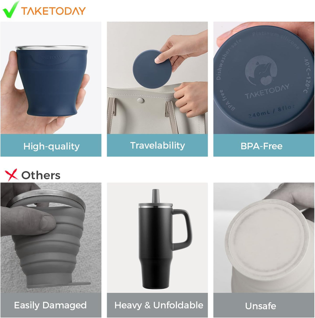 TakeToday Collapsible Cup 8 oz 2-Pack for Travel, Navy & Dark Green