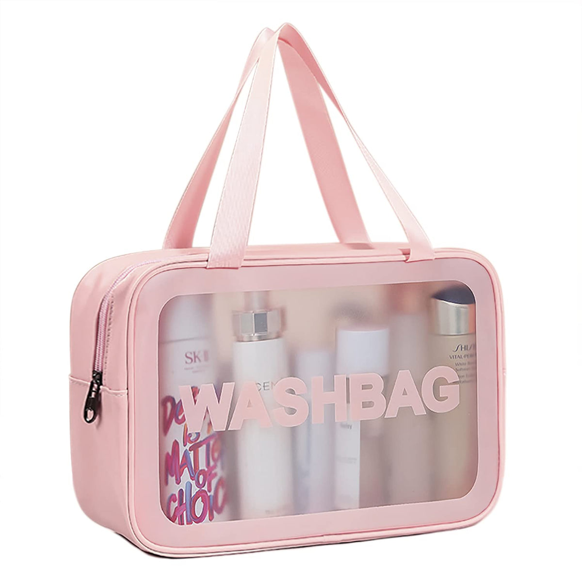 DAPOWER Travel Toiletry Bag for Women, Matte Translucent Toiletry Bag with Handy Handle, Makeup Cosmetic Organizer Bag for Travel Toiletries Accessories (Pink-XL)