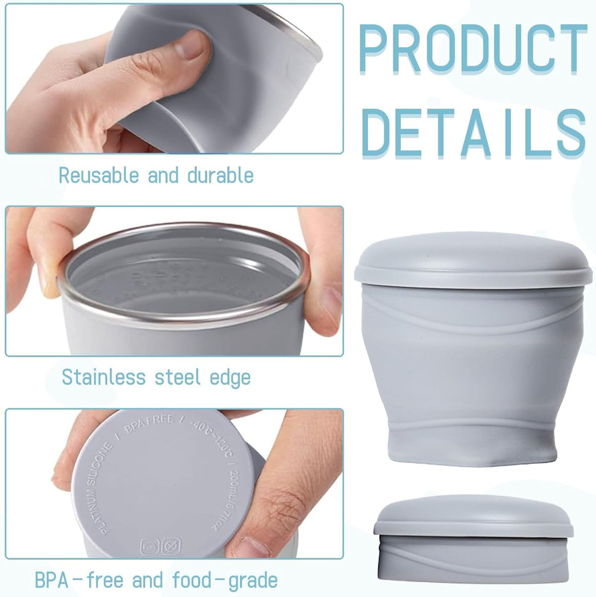 Collapsible Travel Cup,Reusable Collapsible Cup,Bpa Free Silicone Folding Cup With Stainless Steel Rim,180ml Portable Water Cups,For Party Outdoor Camping Travel Hotel - 2 Pcs(Blue,Grey)