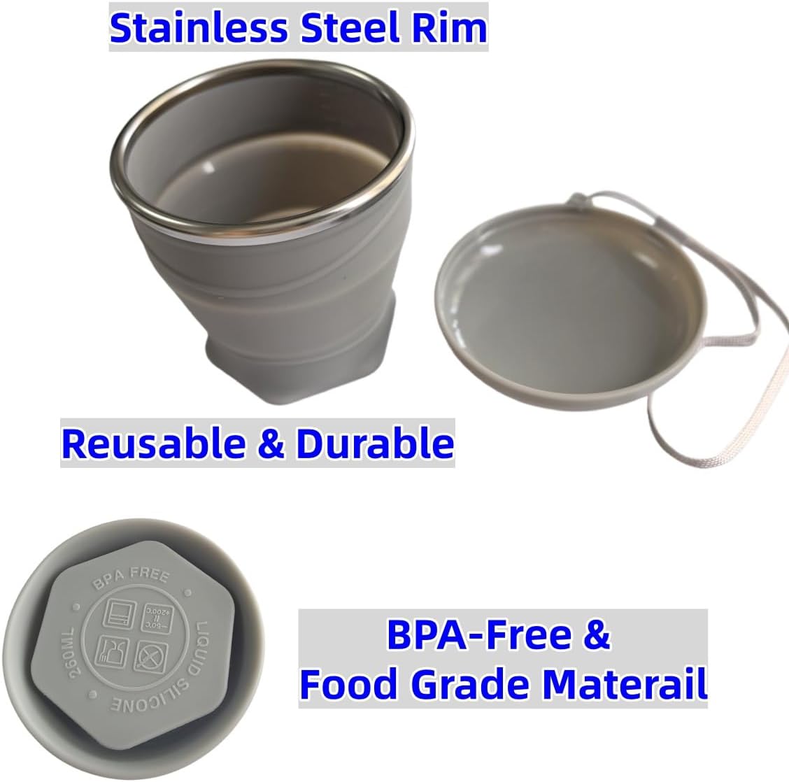 Collapsible Cup, 8.8oz 260ml Foldable Travel Mini Coffee Mug, BPA Free Silicone Water Cup and Lid with Stainless Steel Rim, Portable Pocket Cup for Outdoor, Hiking, Camping & Kids (Gray)