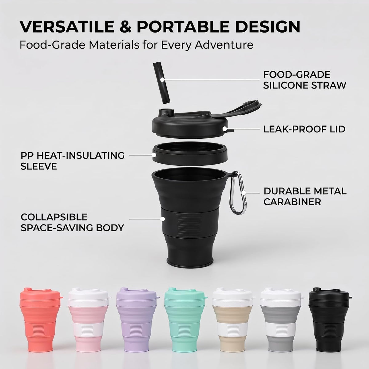 Silicone Coffee Cup with Straw lid Collapsible Cups for Traveling 20oz Lightweight Folding Water Mug for Picnic Hicking Camping Climbing (Black)