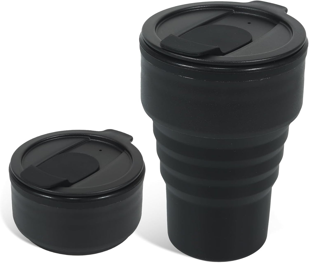 Foldable Silicone Water Bottle 13oz - Collapsible Travel Cup, BPA-Free, Leak-Proof - Portable Reusable Drinking Bottle for Camping, Hiking, Gym, Office - Black
