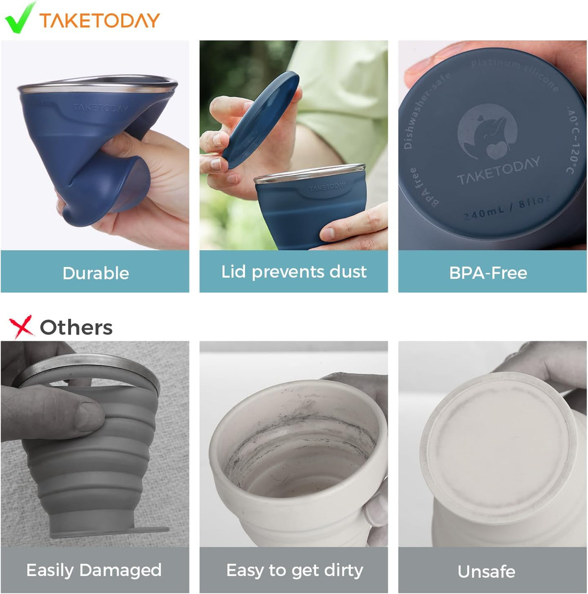 TakeToday Collapsible Cup 8 oz, Foldable with Lid for Travel, Navy