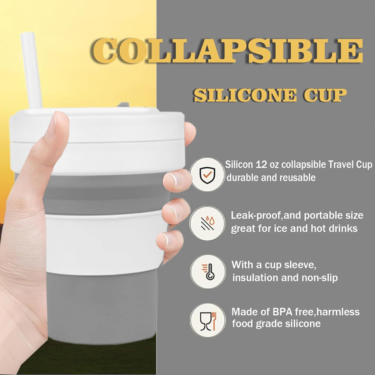 12 OZ Collapsible Travel Cup with Lid,Silicone Foldable Drinking Cup for Camping Hiking,Portable Silicone Water Bottle for Hot and Cold Beverages with Straw- Grey & White(Including Bag)