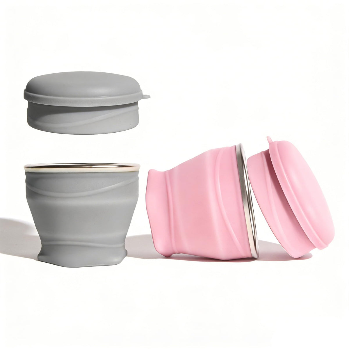 Collapsible Cup with Lid - 6oz Mini Silicone Folding Travel Cup with Steel Rim - BPA Free Small Portable Pocket Cup for Camping, Hiking, Kids, Mouthwash & Pills (Sakura Pink)