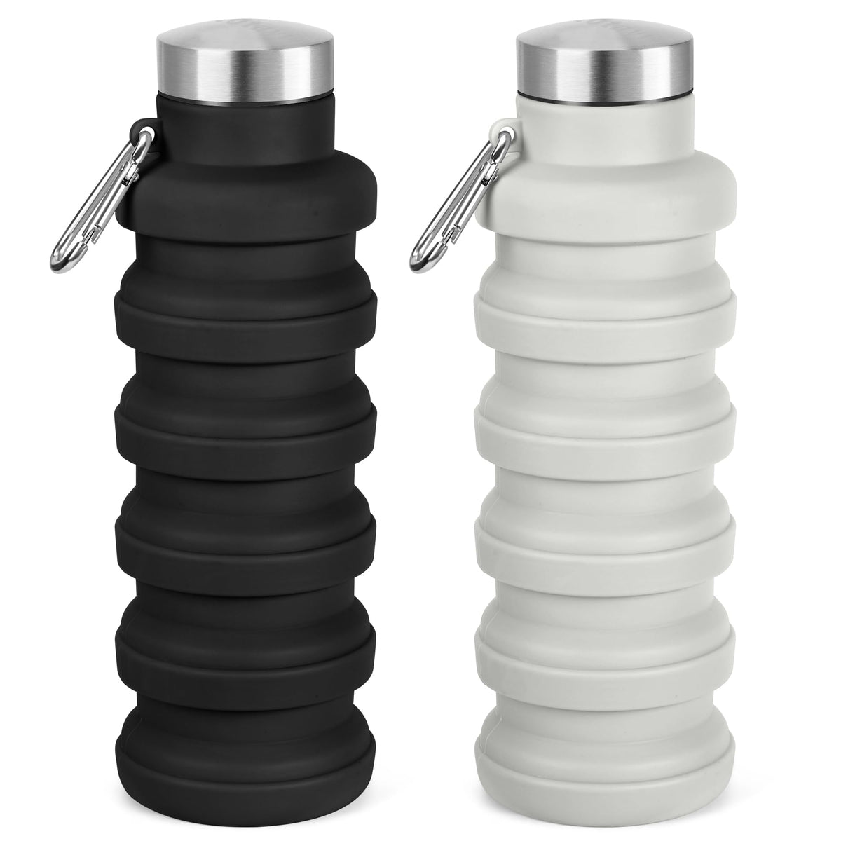 Collapsible Water Bottle, 16oz Portable Reusable Silicone Water Bottle with Carabiner for Gym, Travel, Camping, Hiking, Sports, Lightweight, BPA-Free, Leak-Proof, Foldable Design, Black