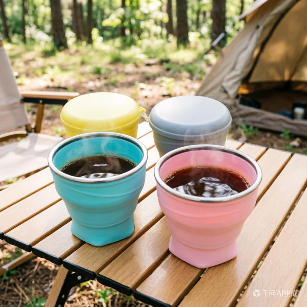 Collapsible Cup, 8.8oz 260ml Foldable Travel Mini Coffee Mug, BPA Free Silicone Water Cup and Lid with Stainless Steel Rim, Portable Pocket Cup for Outdoor, Hiking, Camping & Kids (Gray)