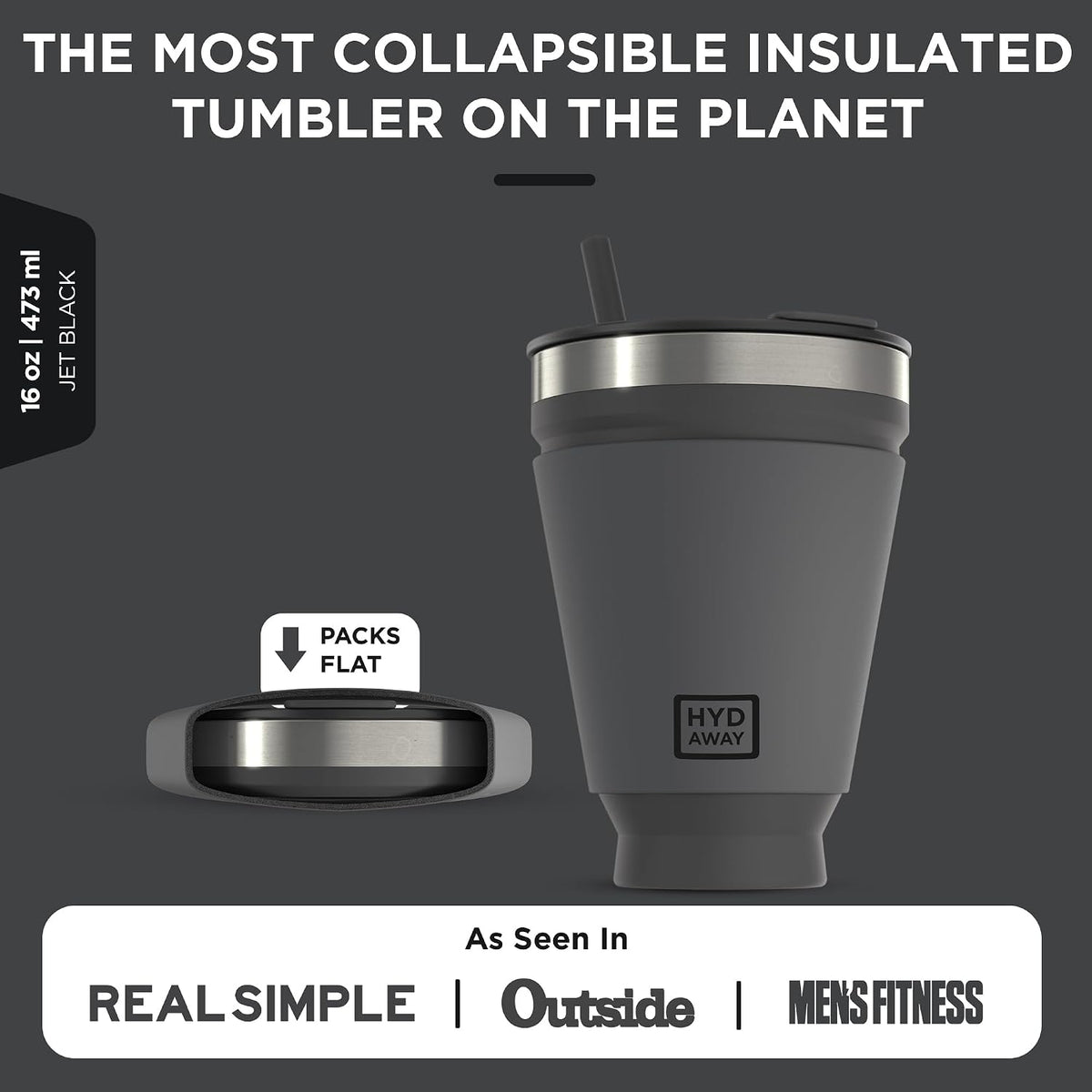HYDAWAY Collapsible Insulated Tumbler 16oz, Reusable Coffee Cup with Straw
