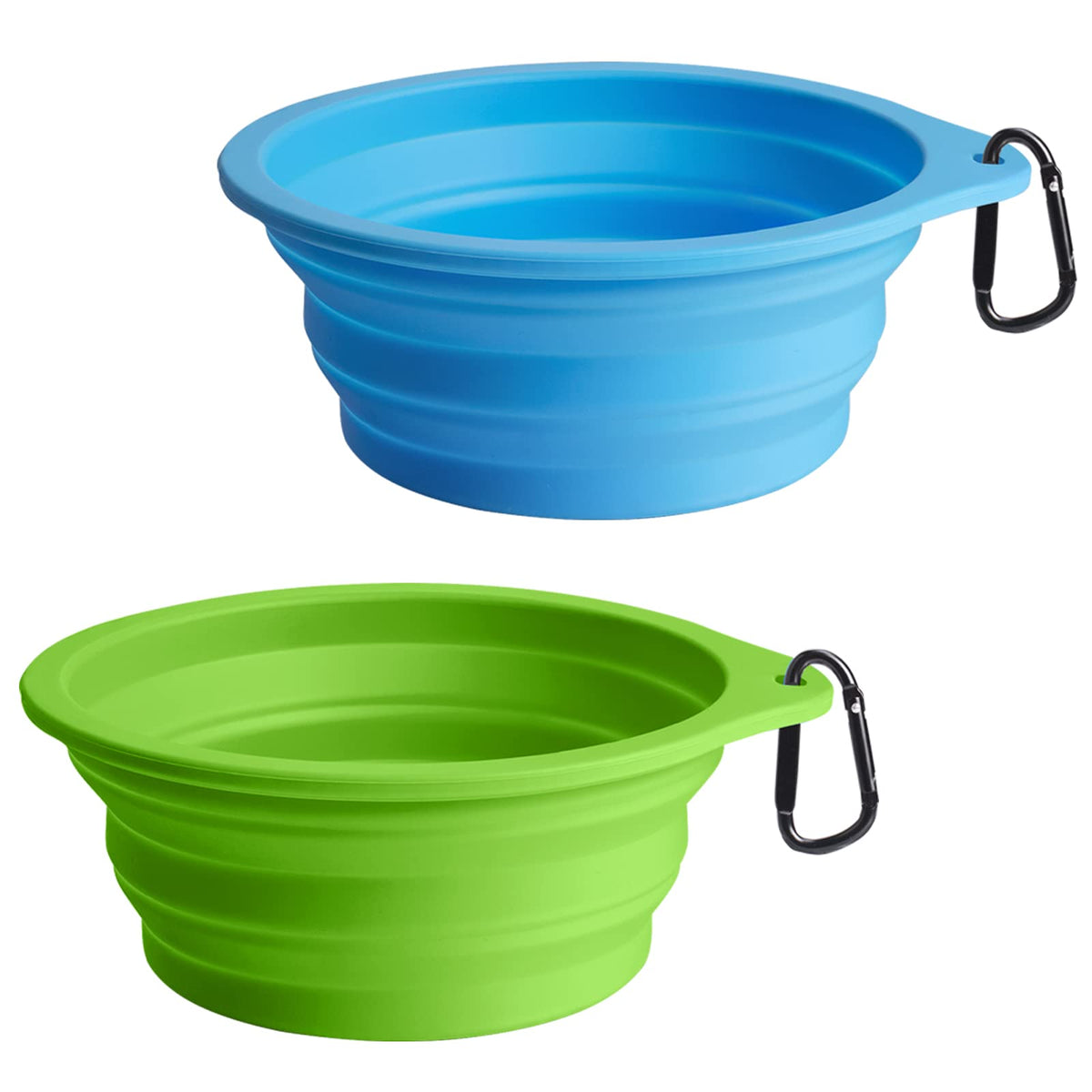PetBonus 2-Pack Silicone Collapsible Dog Bowls, BPA Free Dishwasher Safe, Portable Foldable Expandable Travel Bowl, Food Water Feeding Cup Dish for Dogs Cats with 2 Carabiners (Army Green, Navy Blue)
