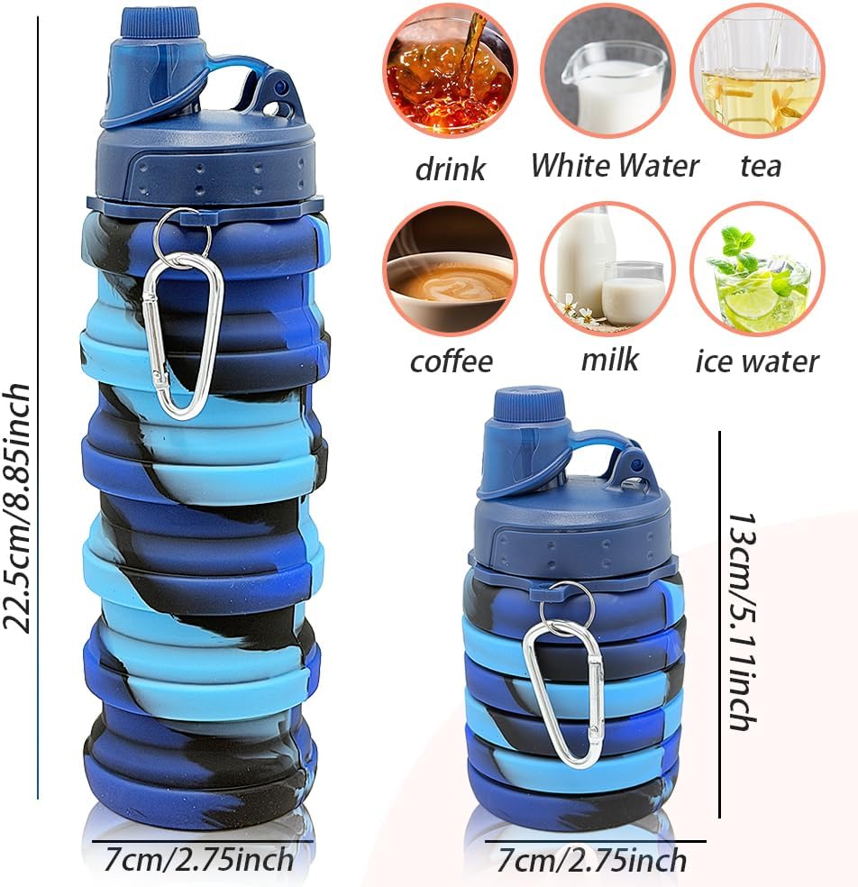 Silicone Collapsible Water Bottles, 16oz(500ml) Portable Foldable Expandable Water Bottle Sports Cups, Leak Proof Reusable BPA Free, for Outdoor Activities (Blue-A)