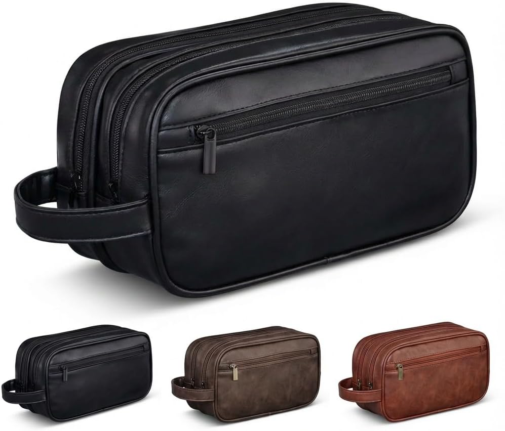 Men’s Toiletry Bag Travel Dopp Kit – double-deck Leather Water-Resistant Shaving Organizer Large Capacity, Double Compartments & Inner Pockets for Grooming, Bathroom & Gym Trip Toiletry Case(Black)