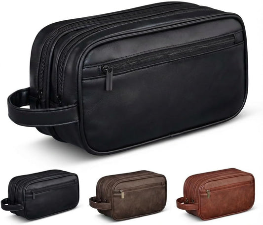 Men’s Toiletry Bag Travel Dopp Kit – double-deck Leather Water-Resistant Shaving Organizer Large Capacity, Double Compartments & Inner Pockets for Grooming, Bathroom & Gym Trip Toiletry Case(Black)