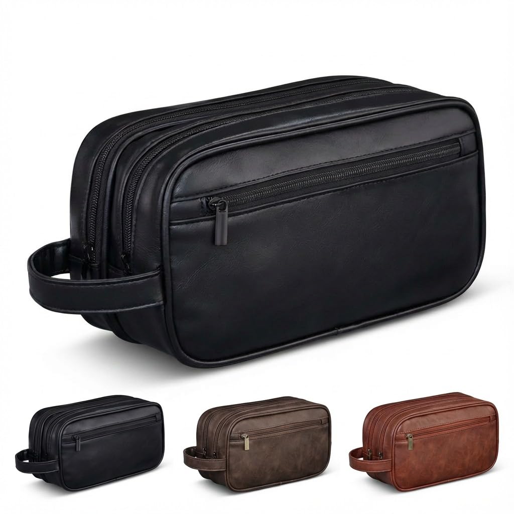 Men’s Toiletry Bag Travel Dopp Kit – double-deck Leather Water-Resistant Shaving Organizer Large Capacity, Double Compartments & Inner Pockets for Grooming, Bathroom & Gym Trip Toiletry Case(Black)