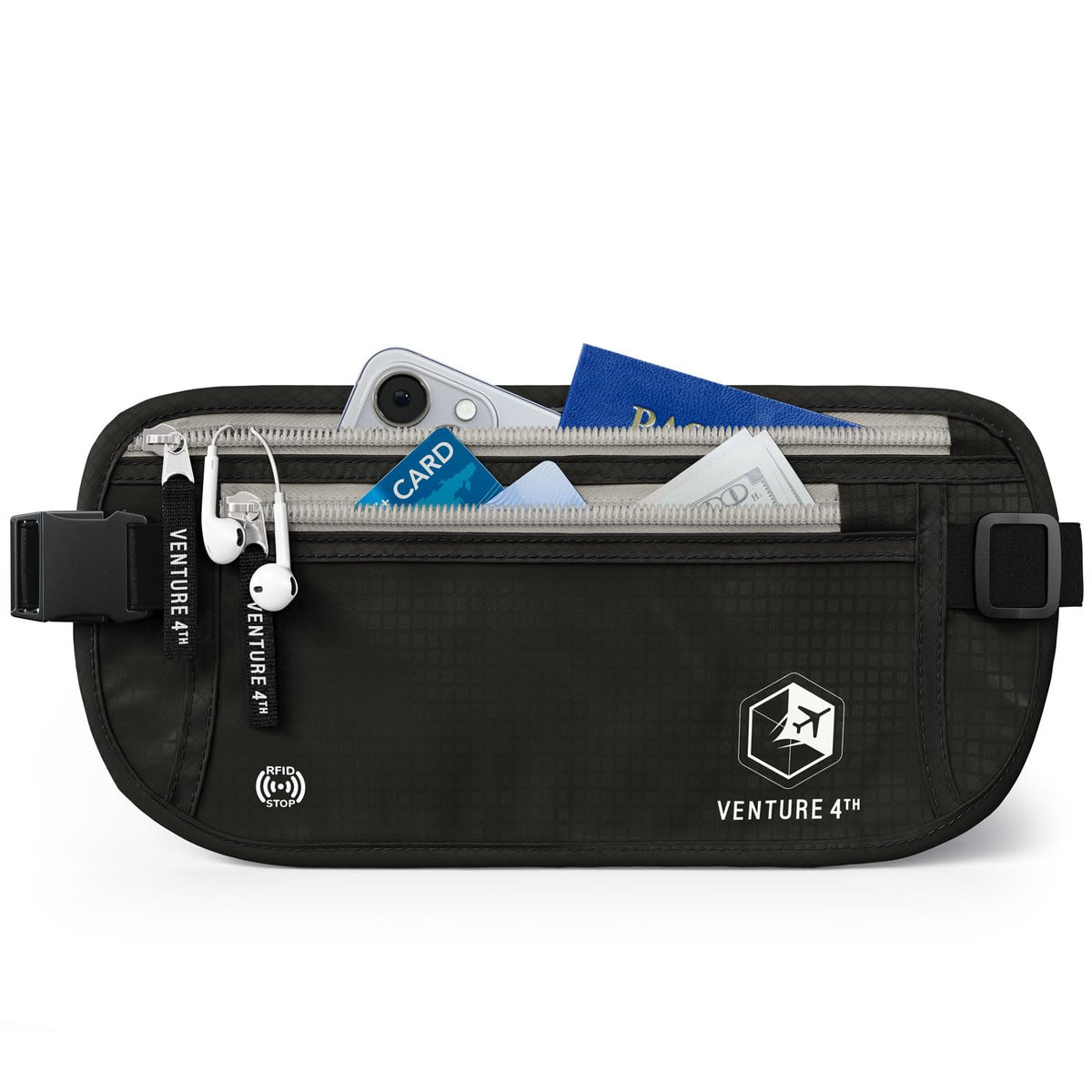 VENTURE 4TH Travel Money Belt, RFID Blocking Passport Holder - Black