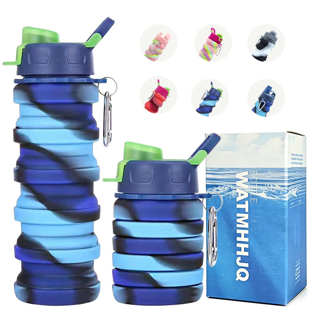 Silicone Collapsible Water Bottles, 16oz(500ml) Portable Foldable Expandable Water Bottle Sports Cups, Leak Proof Reusable BPA Free, for Outdoor Activities (Blue-A)