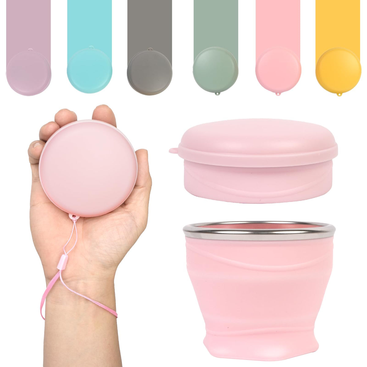 Collapsible Cup with Lid - 6oz Mini Silicone Folding Travel Cup with Steel Rim - BPA Free Small Portable Pocket Cup for Camping, Hiking, Kids, Mouthwash & Pills (Sakura Pink)
