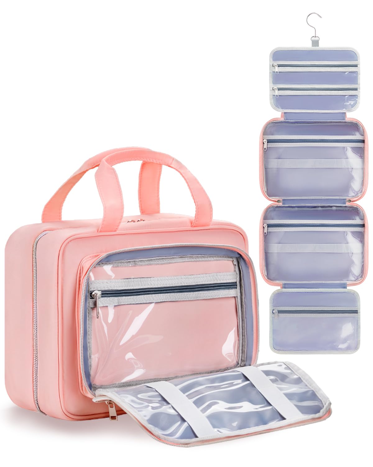 Travel Hanging Toiletry Bag for Women - Waterproof Cosmetic Organizer with Clear Window, Lightweight Bathroom Bags for Essentials, Makeup, Shampoo, Toiletries Pink, Medium