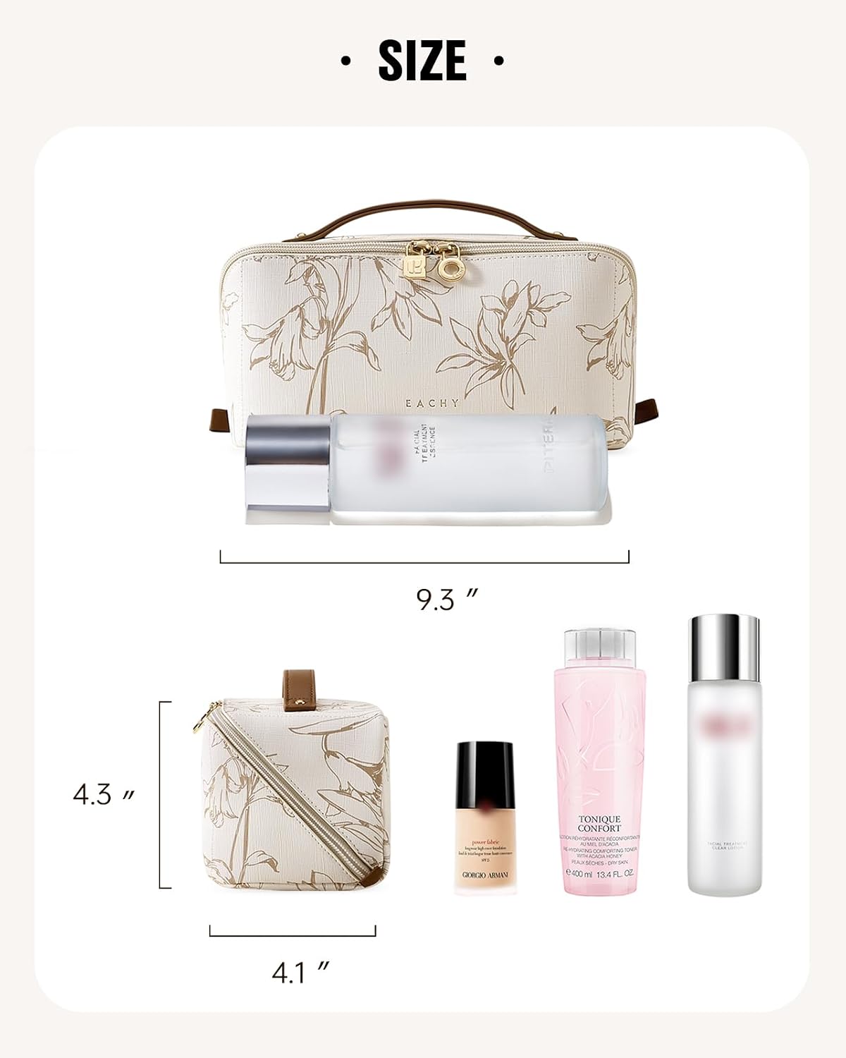 EACHY Travel Makeup Bag, Floral Cosmetic Bag for Women, Beige, Medium