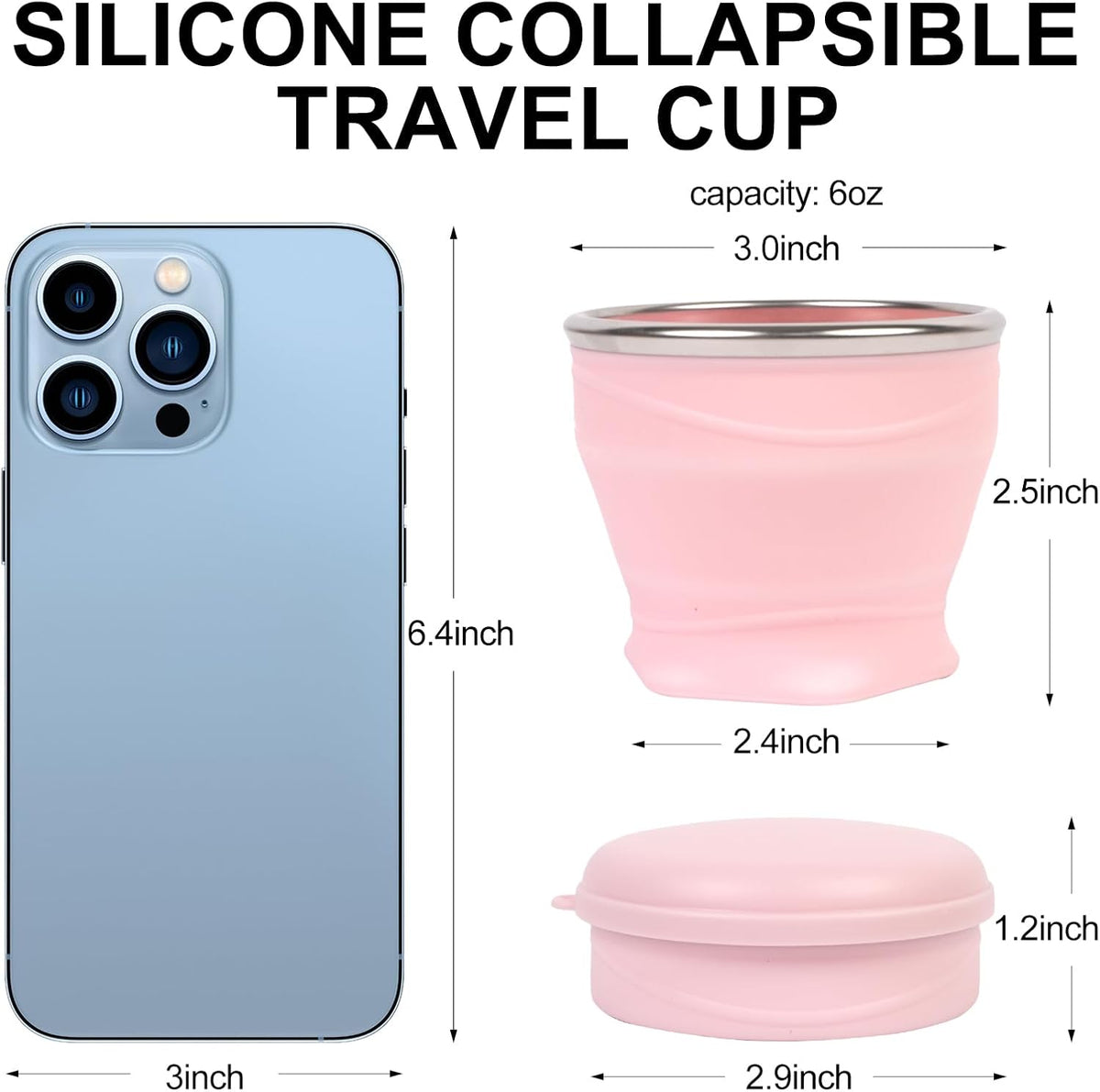 Collapsible Cup with Lid - 6oz Mini Silicone Folding Travel Cup with Steel Rim - BPA Free Small Portable Pocket Cup for Camping, Hiking, Kids, Mouthwash & Pills (Sakura Pink)