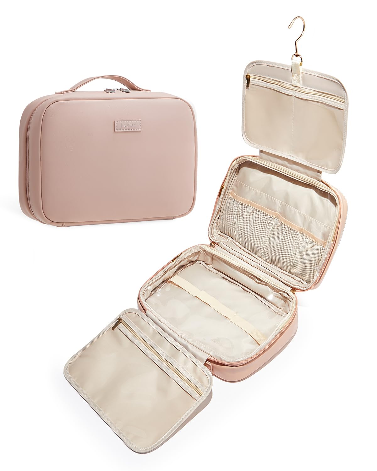 EACHY Toiletry Bag with Hanging Hook, Travel Makeup Bag PU Leather Cosmetic Bags for Women Make Up Organizer with 4 Compartments Waterproof Full-Size Portable Travel Essentials (Beige)