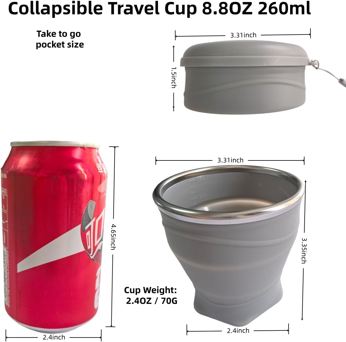 Collapsible Cup, 8.8oz 260ml Foldable Travel Mini Coffee Mug, BPA Free Silicone Water Cup and Lid with Stainless Steel Rim, Portable Pocket Cup for Outdoor, Hiking, Camping & Kids (Gray)