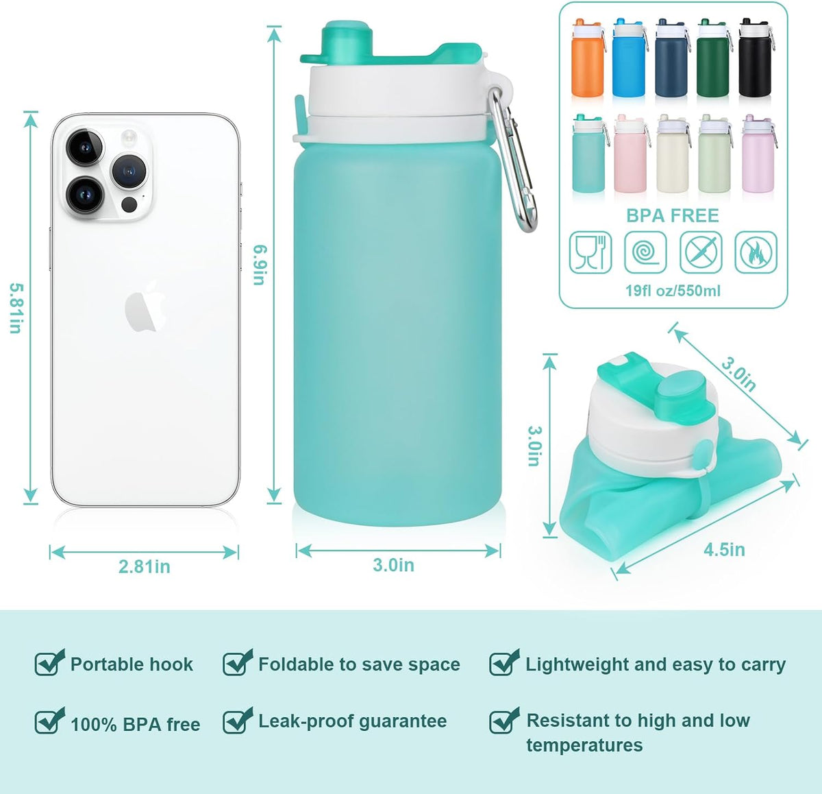 PLTCAT Collapsible Water Bottles, 19oz Foldable Silicone Travel Bottles