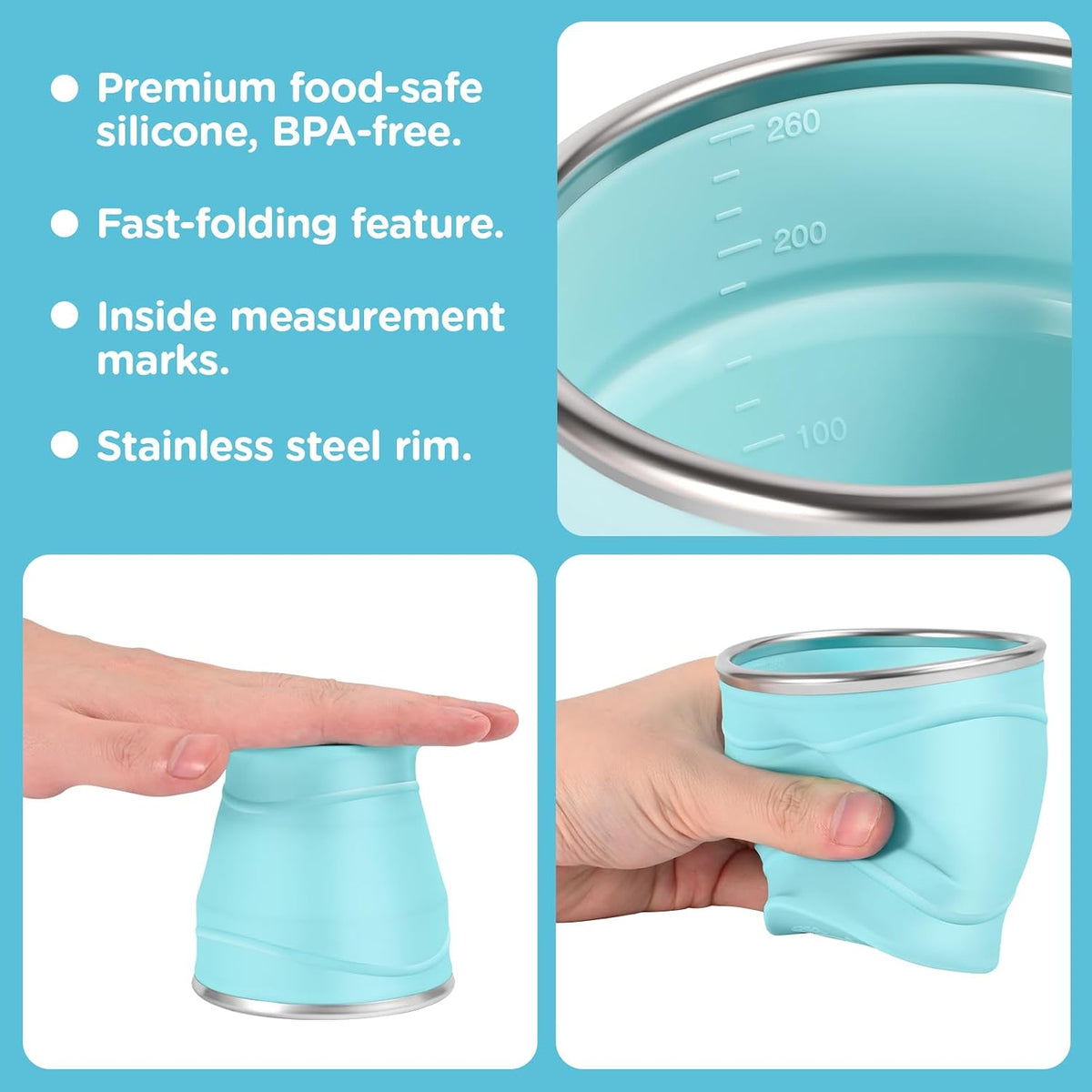 8.8oz/260ml Collapsible Silicone Cup with Lid,BPA-Free,304 Stainless Steel Rim,Portable Cup for Travel,Camping, Hiking,Outdoor Sports (Light Purple)