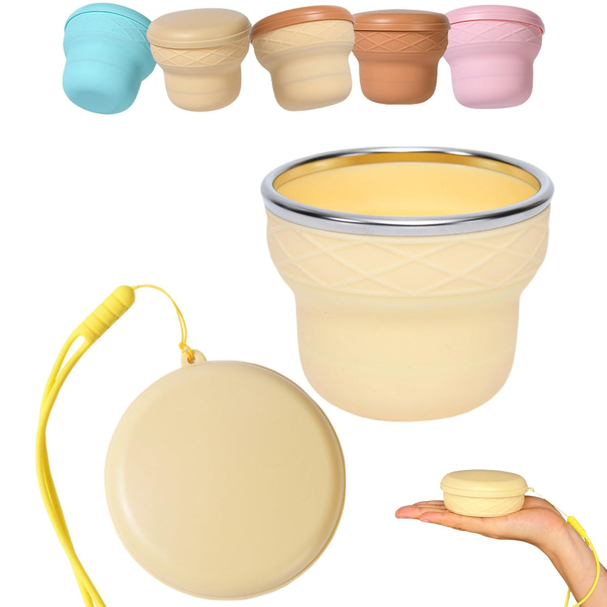 Collapsible Travel Cup 7oz Silicone Foldable Water Cup, Cute Ice Cream Cone Shape, Macaron Colors, BPA-Free with Lid - Portable Drinking Cup for Camping, Hiking & Outdoor Travel (Blue)