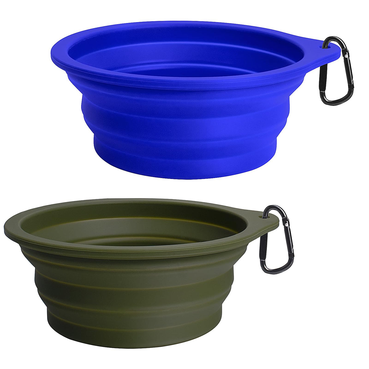 PetBonus 2-Pack Silicone Collapsible Dog Bowls, BPA Free Dishwasher Safe, Portable Foldable Expandable Travel Bowl, Food Water Feeding Cup Dish for Dogs Cats with 2 Carabiners (Army Green, Navy Blue)