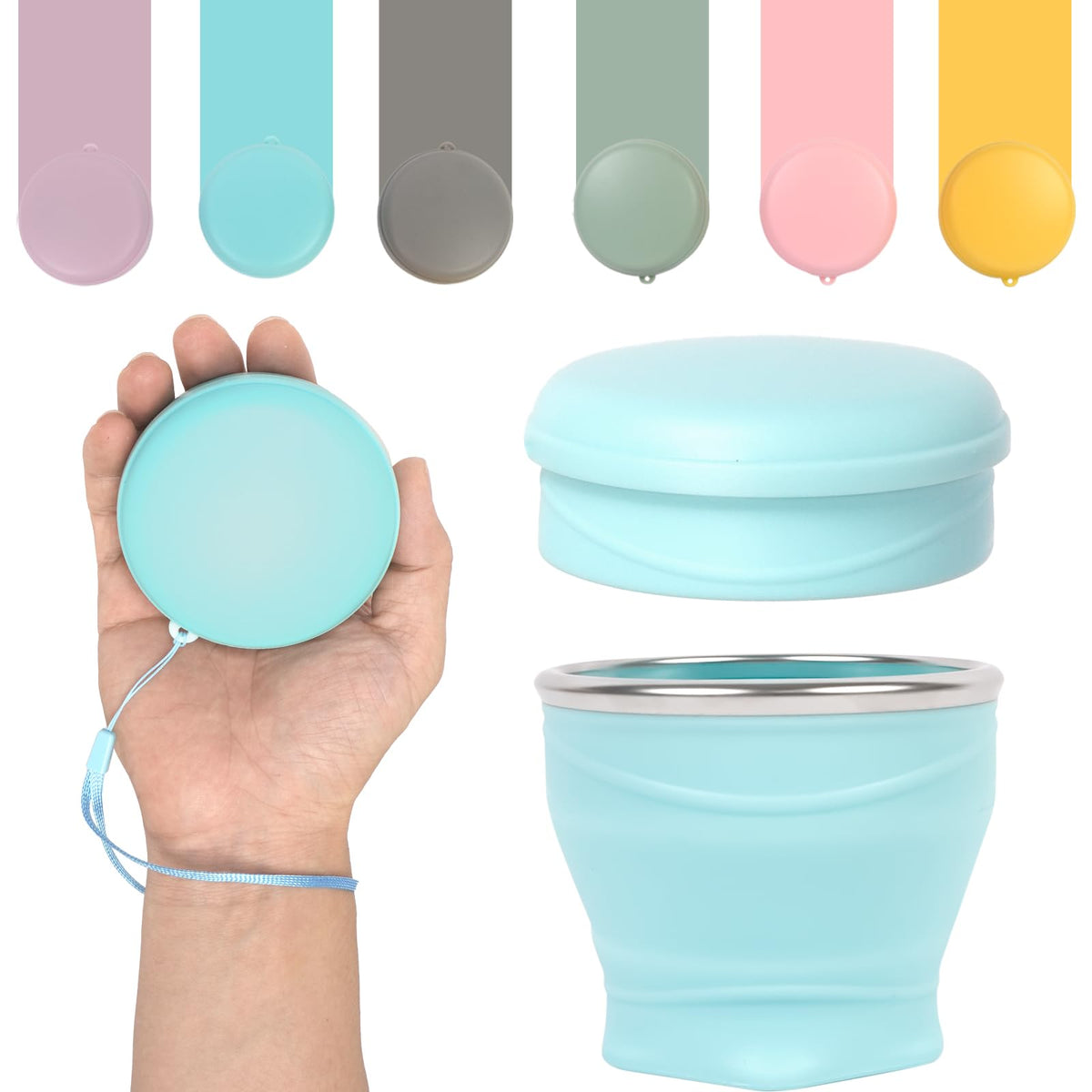 Collapsible Cup with Lid - 6oz Mini Silicone Folding Travel Cup with Steel Rim - BPA Free Small Portable Pocket Cup for Camping, Hiking, Kids, Mouthwash & Pills (Creamy yellow)