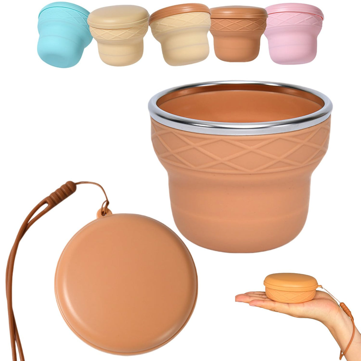 Collapsible Travel Cup 7oz Silicone Foldable Water Cup, Cute Ice Cream Cone Shape, Macaron Colors, BPA-Free with Lid - Portable Drinking Cup for Camping, Hiking & Outdoor Travel (Blue)
