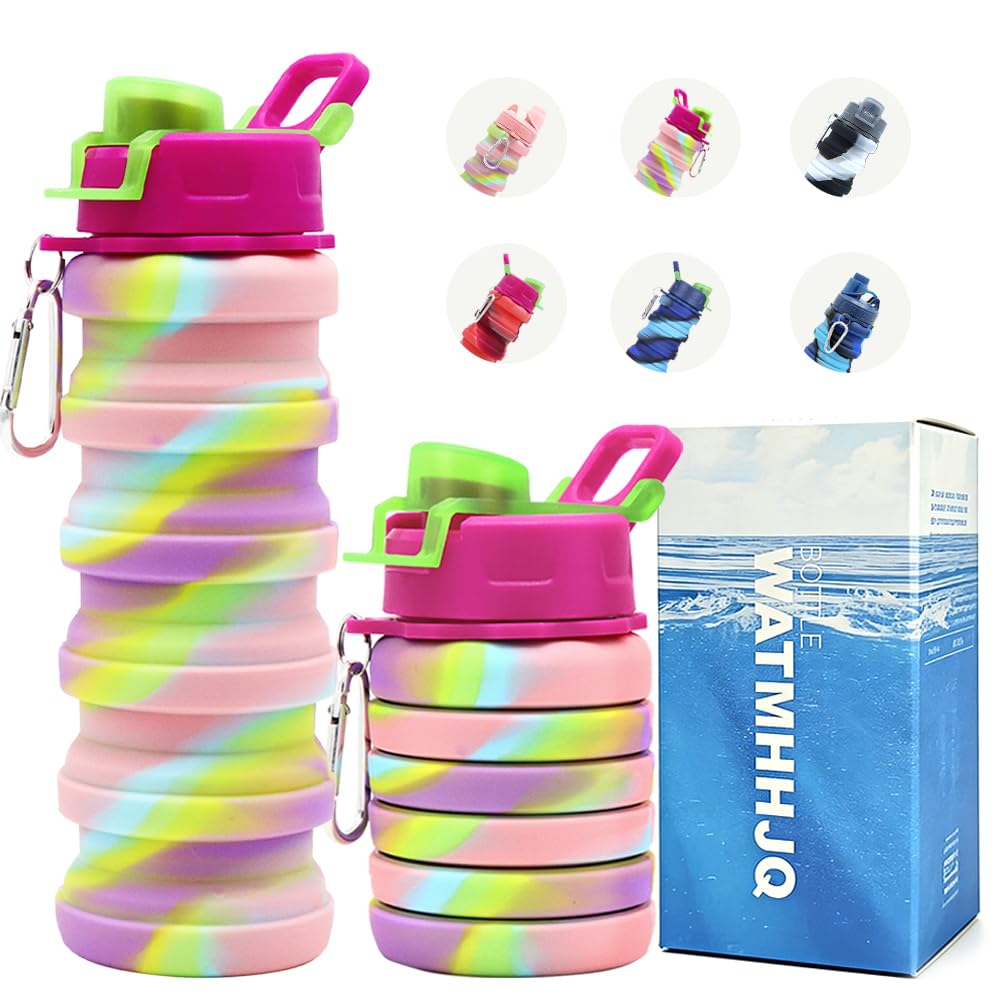 Silicone Collapsible Water Bottles, 16oz(500ml) Portable Foldable Expandable Water Bottle Sports Cups, Leak Proof Reusable BPA Free, for Outdoor Activities (Blue-A)