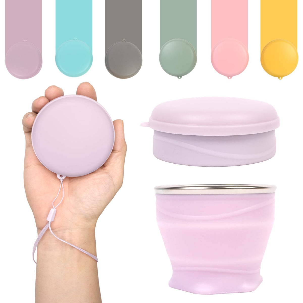 Collapsible Cup with Lid - 6oz Mini Silicone Folding Travel Cup with Steel Rim - BPA Free Small Portable Pocket Cup for Camping, Hiking, Kids, Mouthwash & Pills (Creamy yellow)