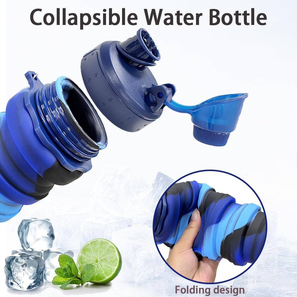 Silicone Collapsible Water Bottles, 16oz(500ml) Portable Foldable Expandable Water Bottle Sports Cups, Leak Proof Reusable BPA Free, for Outdoor Activities (Blue-A)