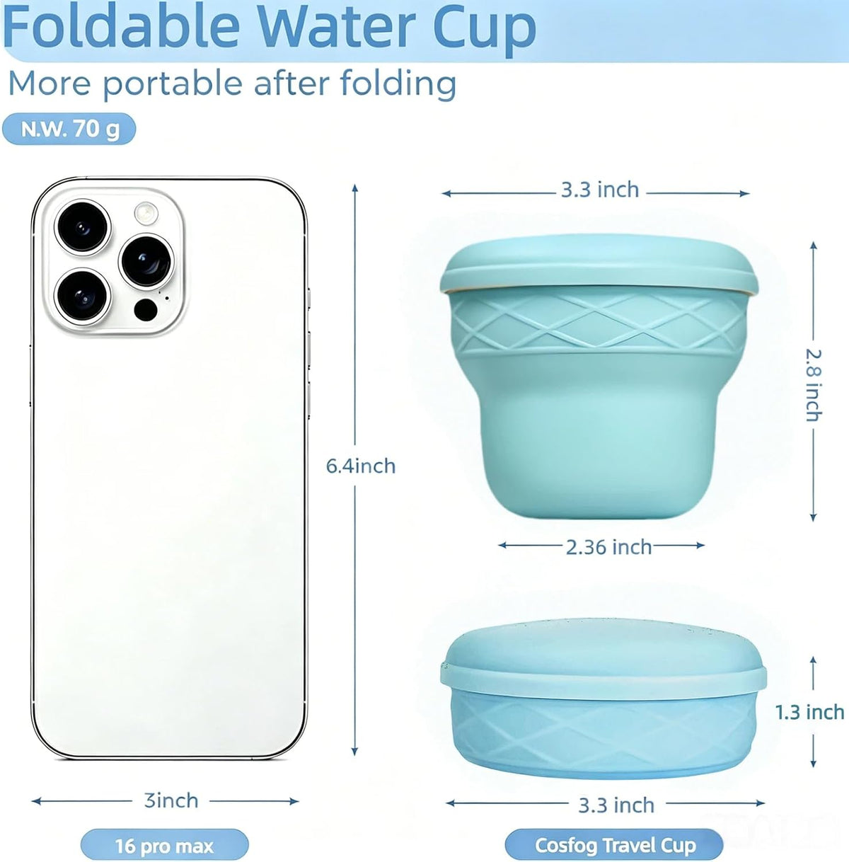 Collapsible Travel Cup 7oz Silicone Foldable Water Cup, Cute Ice Cream Cone Shape, Macaron Colors, BPA-Free with Lid - Portable Drinking Cup for Camping, Hiking & Outdoor Travel (Blue)