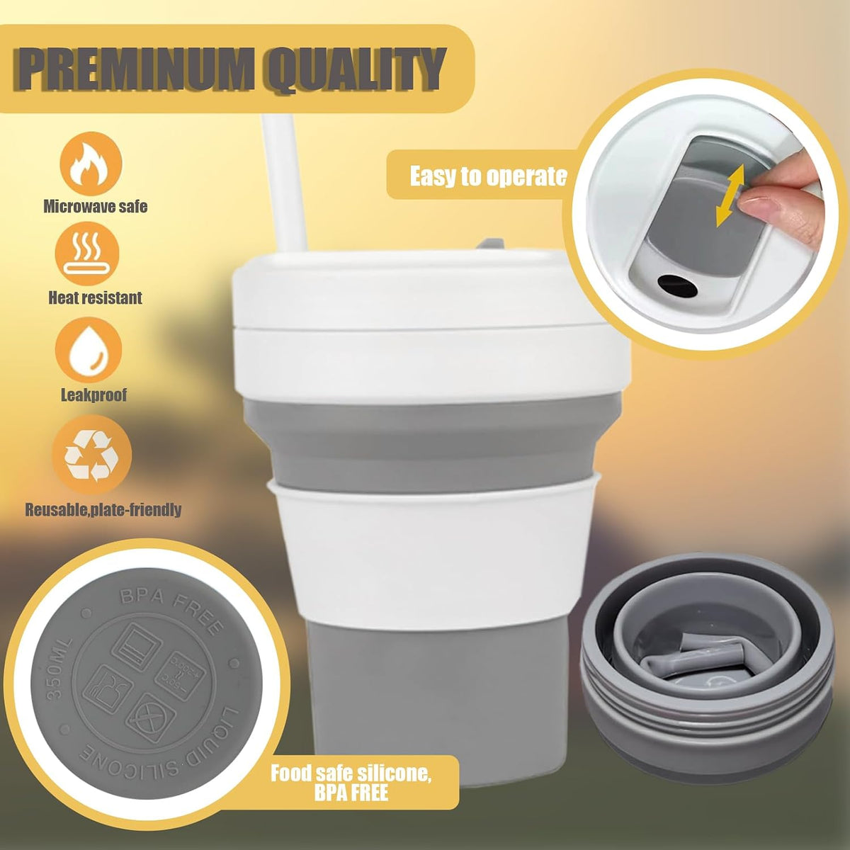 12 OZ Collapsible Travel Cup with Lid,Silicone Foldable Drinking Cup for Camping Hiking,Portable Silicone Water Bottle for Hot and Cold Beverages with Straw- Grey & White(Including Bag)