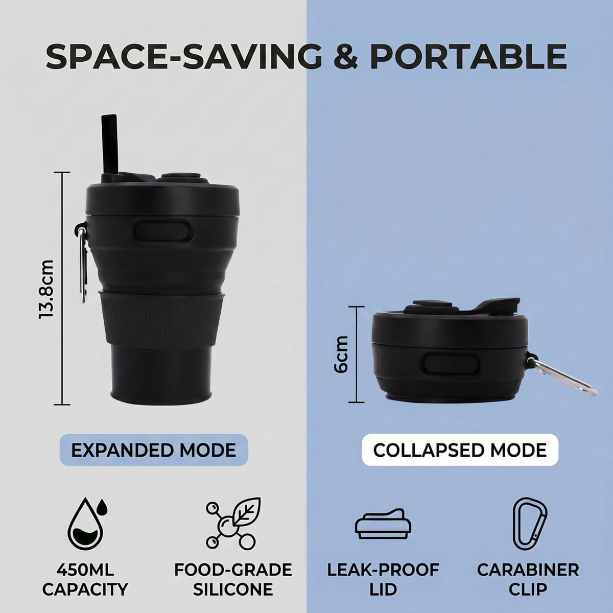 Silicone Coffee Mug Collapsible Cups for Camping Folding Travel with Straw Reusable Portable Drinking Cups Outdoor Hiking 450ml (Purple-450ml, 1)