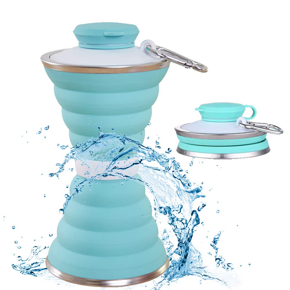 Collapsible Water Bottle, Camping Cup With Carabiner, Reuseable Silicone Foldable Leak Proof Portable Sports Travel Water Bottles For Outdoor, Travel Gym Hiking, BPA Free, Cycling Cups with Carabiner