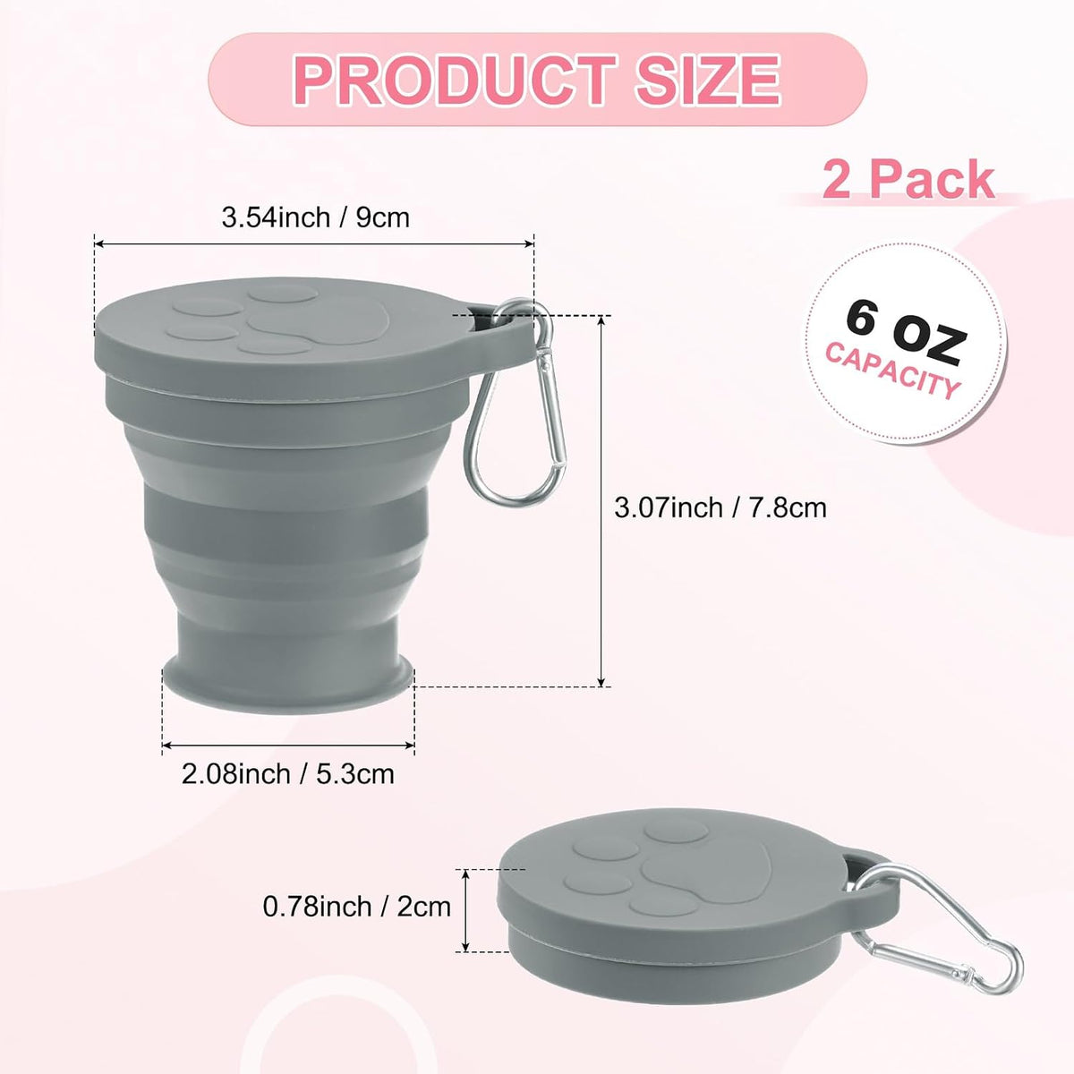 M METERXITY 2 Pack Collapsible Travel Cup, 6oz(180ml) Silicone Cat Paw Portable Foldable Water Cup Bottle with Spring Buckle for Travel/Camping/Hiking, Reusable [Dark Gray]
