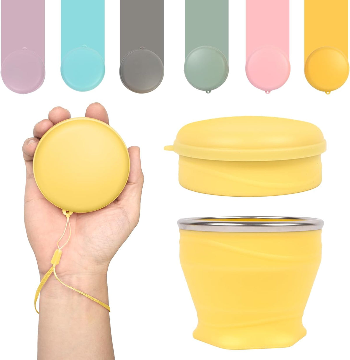 Collapsible Cup with Lid - 6oz Mini Silicone Folding Travel Cup with Steel Rim - BPA Free Small Portable Pocket Cup for Camping, Hiking, Kids, Mouthwash & Pills (Creamy yellow)
