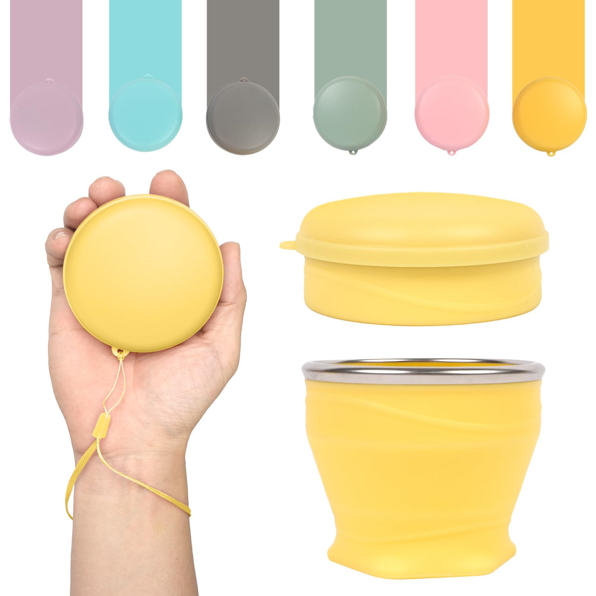 Collapsible Cup with Lid - 6oz Mini Silicone Folding Travel Cup with Steel Rim - BPA Free Small Portable Pocket Cup for Camping, Hiking, Kids, Mouthwash & Pills (Creamy yellow)