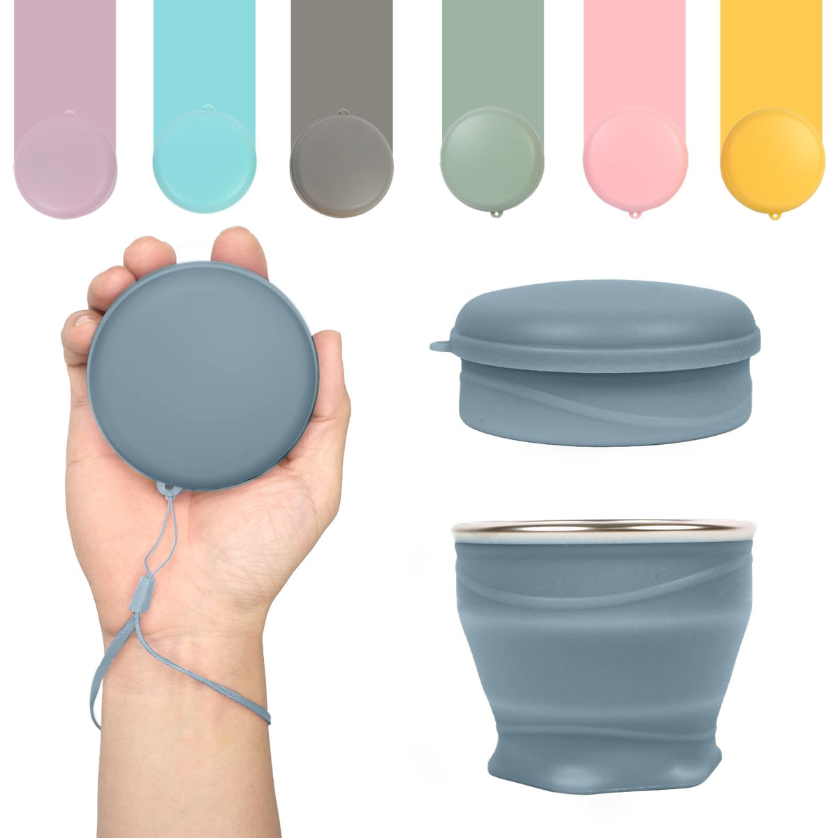 Collapsible Cup with Lid - 6oz Mini Silicone Folding Travel Cup with Steel Rim - BPA Free Small Portable Pocket Cup for Camping, Hiking, Kids, Mouthwash & Pills (Creamy yellow)