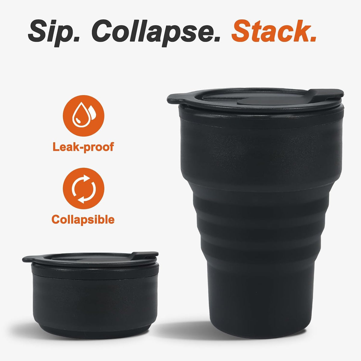 Foldable Silicone Water Bottle 13oz - Collapsible Travel Cup, BPA-Free, Leak-Proof - Portable Reusable Drinking Bottle for Camping, Hiking, Gym, Office - Black