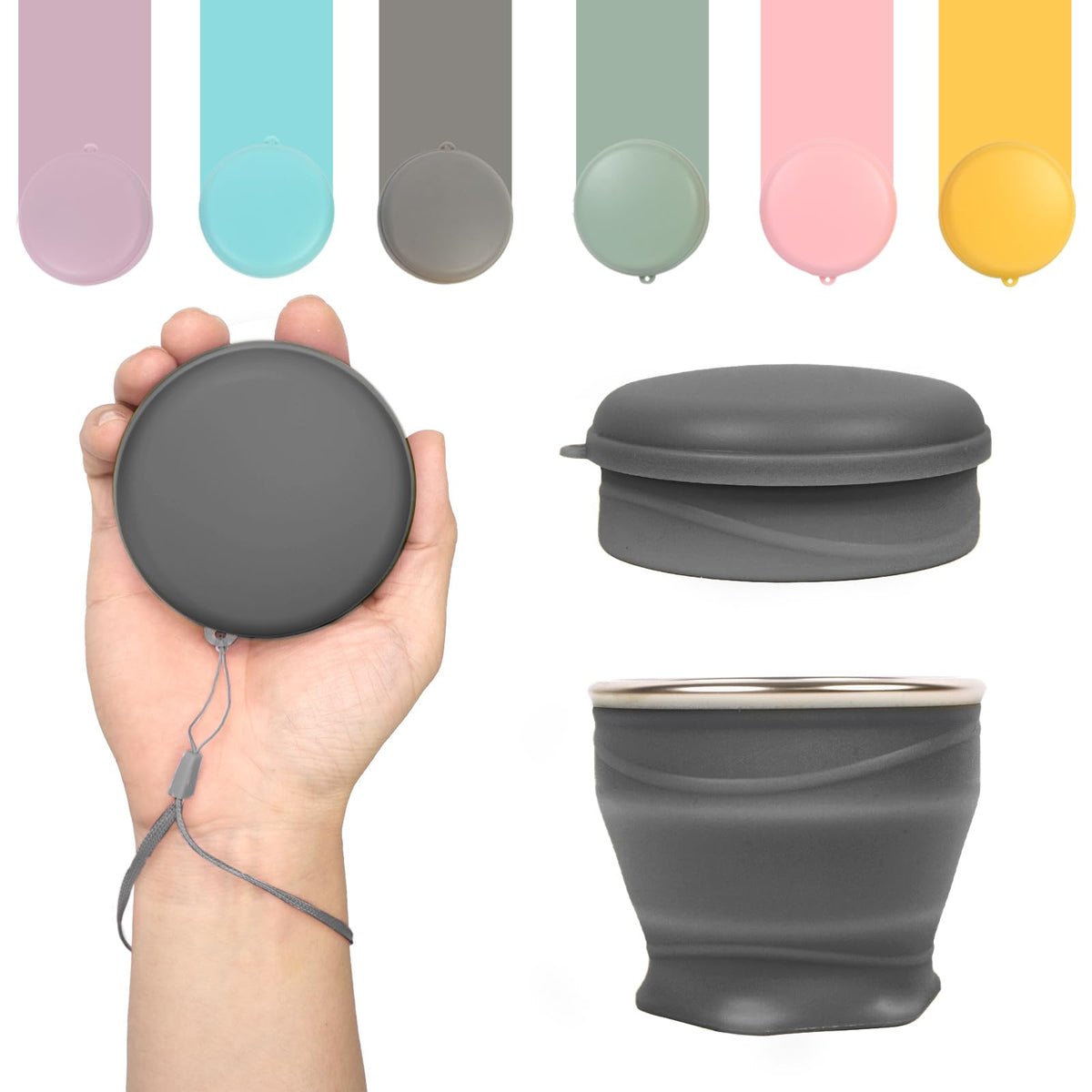 Collapsible Cup with Lid - 6oz Mini Silicone Folding Travel Cup with Steel Rim - BPA Free Small Portable Pocket Cup for Camping, Hiking, Kids, Mouthwash & Pills (Creamy yellow)
