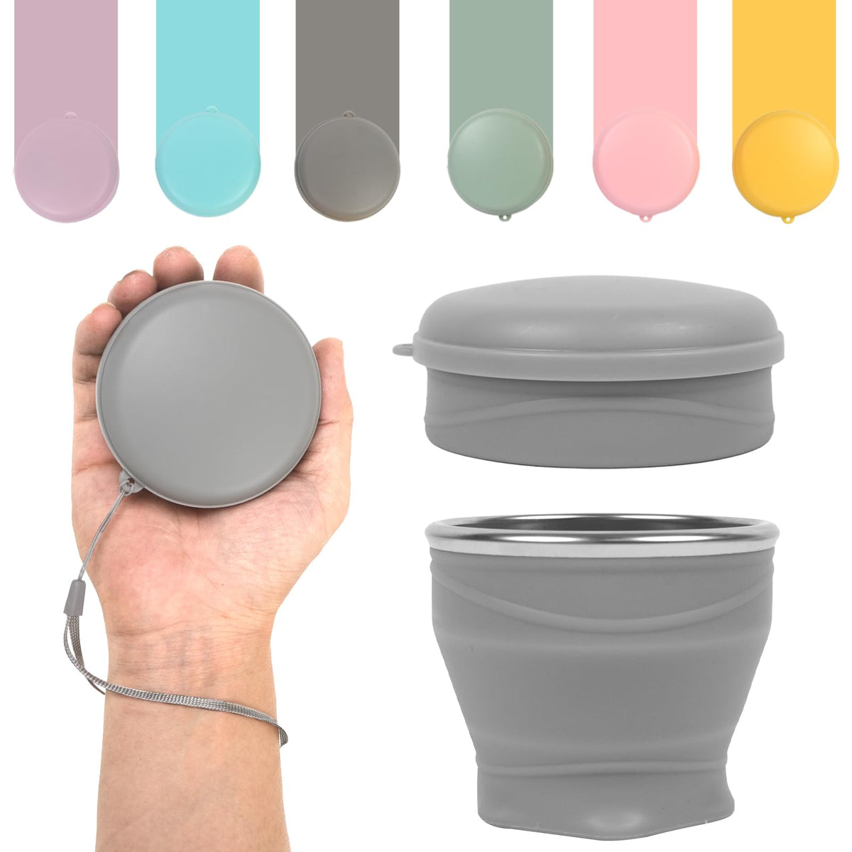 Collapsible Cup with Lid - 6oz Mini Silicone Folding Travel Cup with Steel Rim - BPA Free Small Portable Pocket Cup for Camping, Hiking, Kids, Mouthwash & Pills (Sakura Pink)