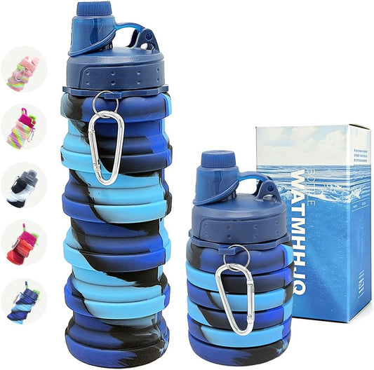 Silicone Collapsible Water Bottles, 16oz(500ml) Portable Foldable Expandable Water Bottle Sports Cups, Leak Proof Reusable BPA Free, for Outdoor Activities (Blue-A)