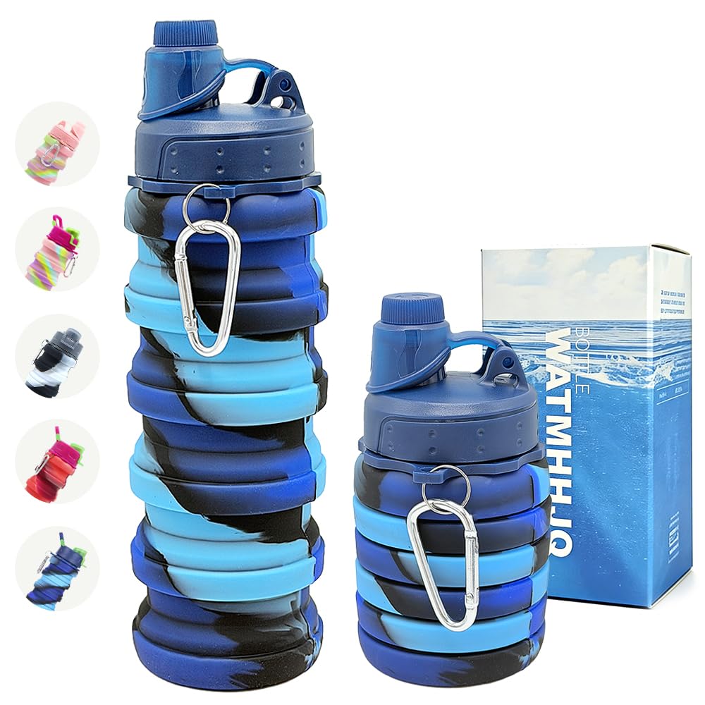 Silicone Collapsible Water Bottles, 16oz(500ml) Portable Foldable Expandable Water Bottle Sports Cups, Leak Proof Reusable BPA Free, for Outdoor Activities (Blue-A)